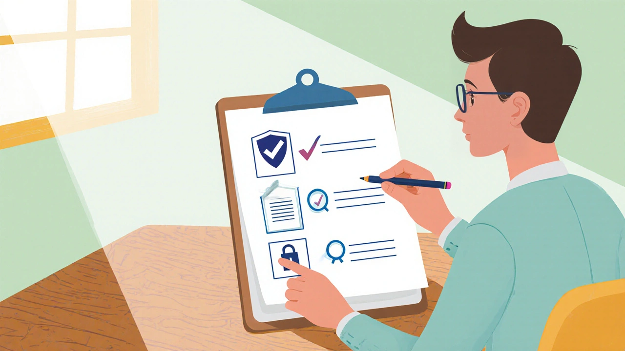 Adult checking a checklist of pharmacy safety icons on a clipboard.