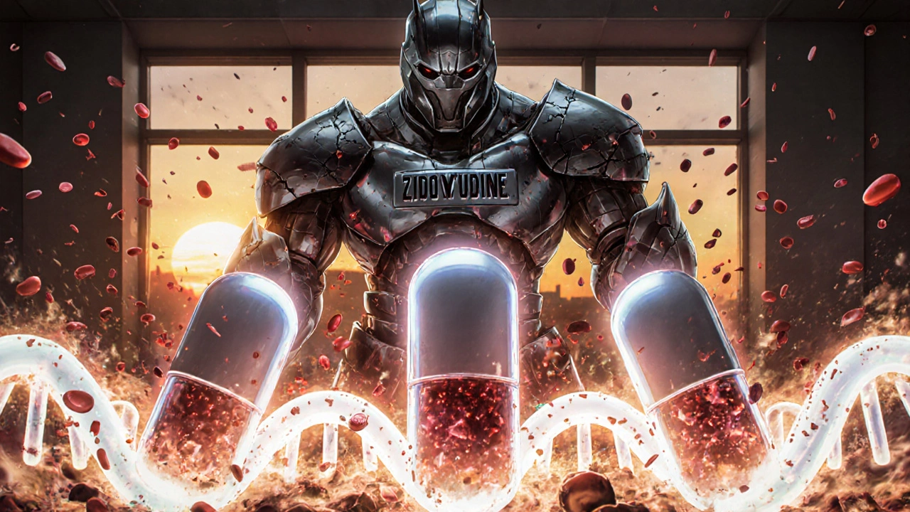 Armored Zidovudine figure battling glowing modern HIV pills on a DNA battlefield, with toxic shadows dissolving.
