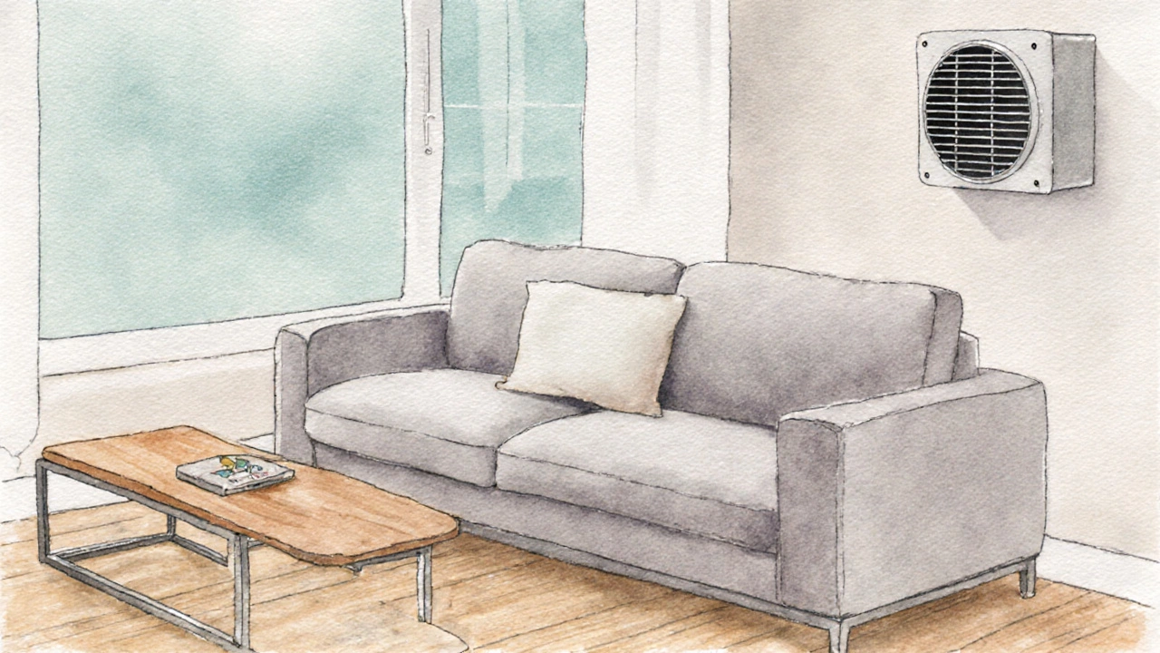 Calm living room with hypoallergenic sofa, bamboo floor, ventilation vent and air‑quality monitor.