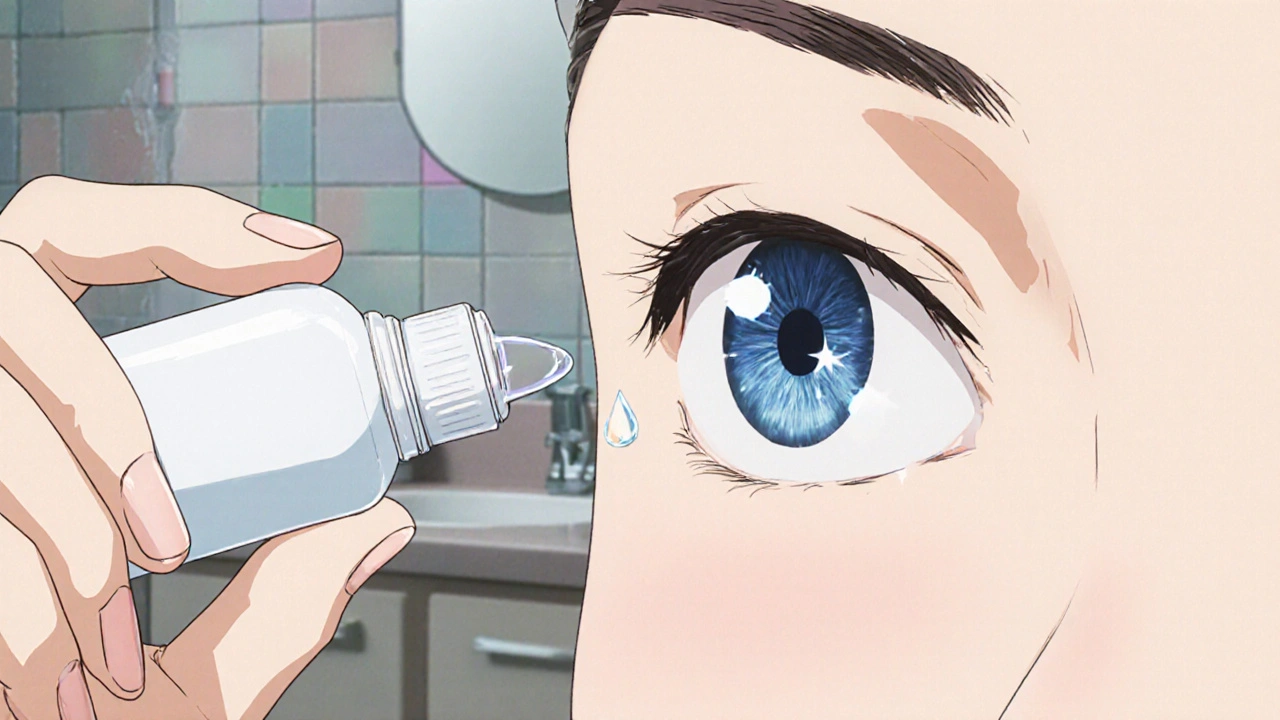 Close‑up of an eye with lower eyelid pulled down as a drop is about to be applied.