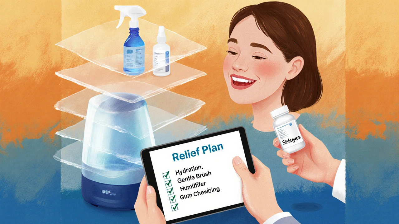 Collage showing patient checklist, saliva spray, humidifier, and medication.