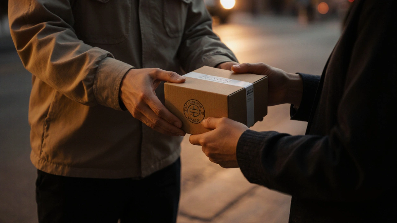 Courier handing a discreetly sealed medication box to a recipient at dusk.