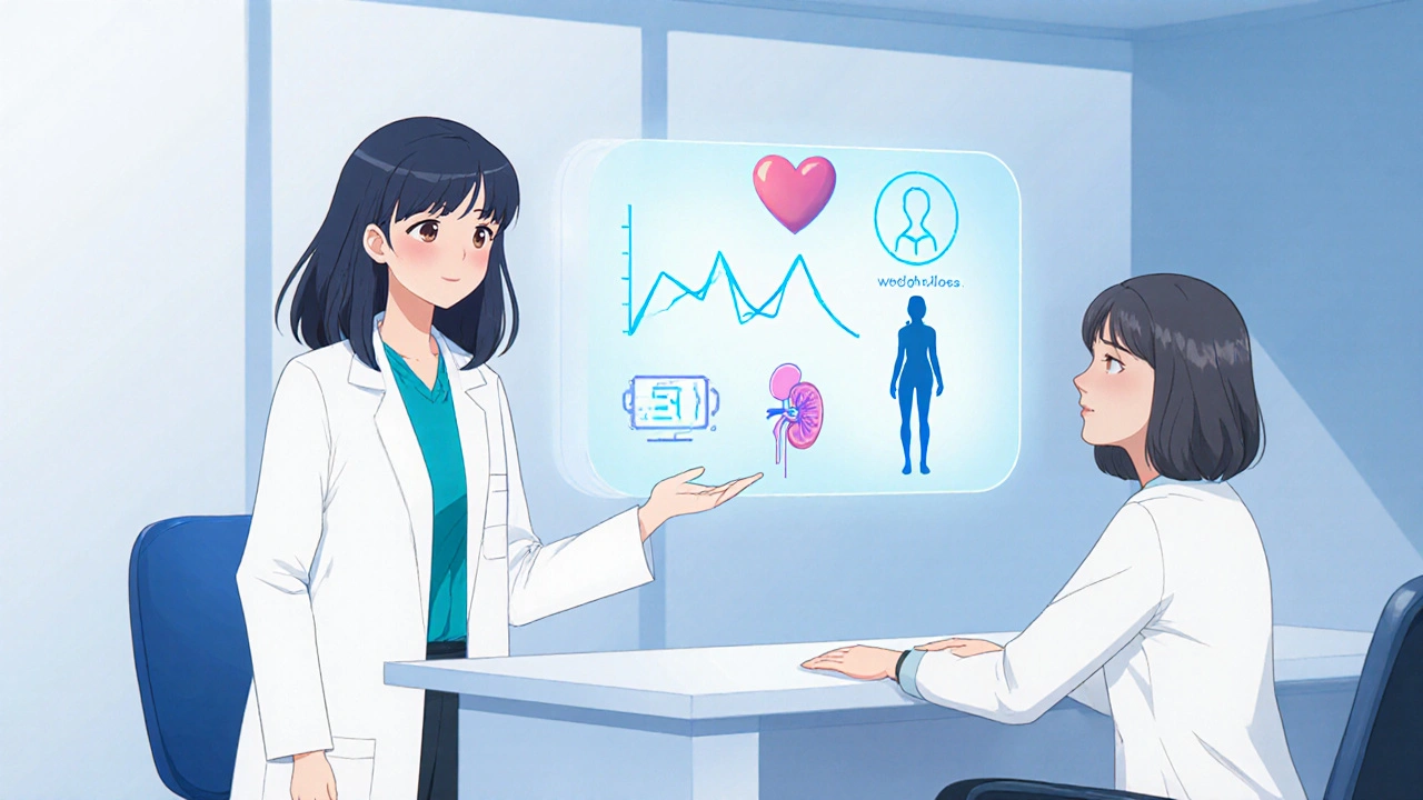 Doctor and patient discuss medication while a holographic chart shows heart, kidney, and weight icons.