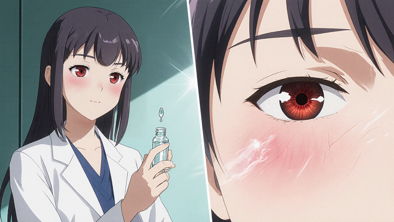 Doctor applying steroid eye drops; split view shows inflamed and soothing eye.
