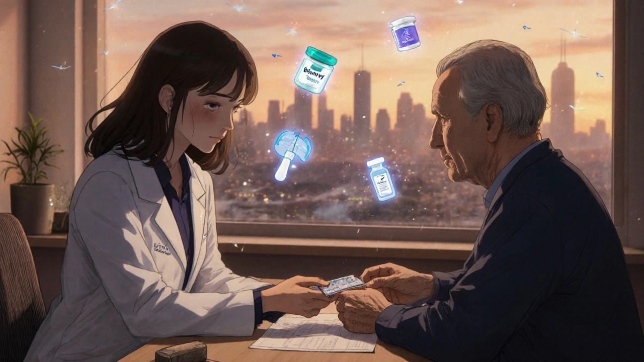 Doctor handing a modern HIV pill to an elderly patient in a quiet clinic, with floating icons of new treatments behind them.