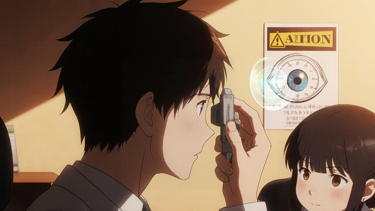 Doctor measuring eye pressure on a child, with gauge icon indicating IOP.
