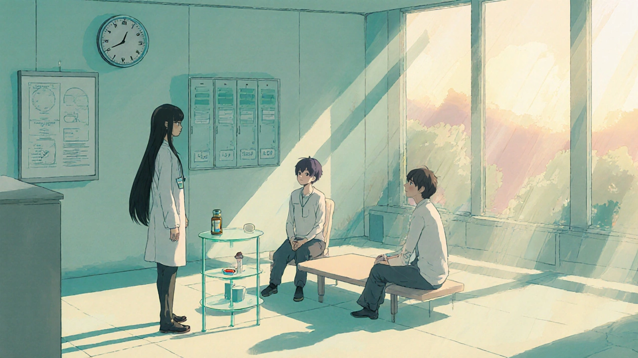 Doctor with dosulepin bottle discussing treatment with patients in a clinic.