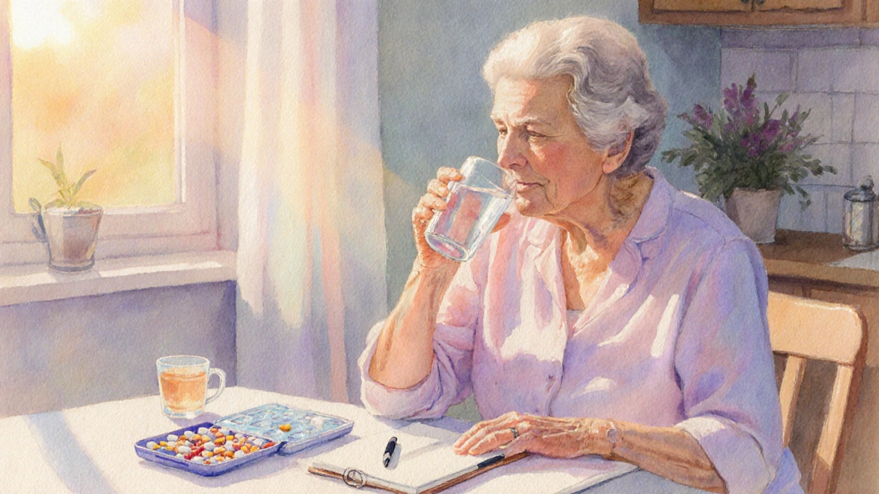 Elderly woman at kitchen table drinking water, with pills and notebook beside her.
