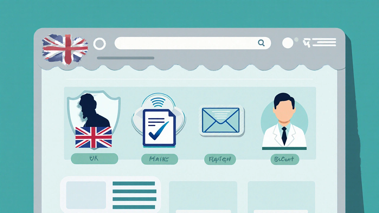 Flat illustration of checklist icons for verifying a legitimate pharmacy.