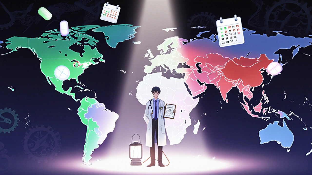 Global map showing TB drug access tiers with doctor at center under lantern light