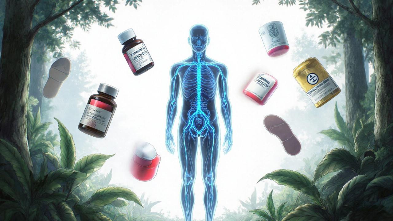 Glowing figure with pain treatment pathways dissolving into nature and movement.