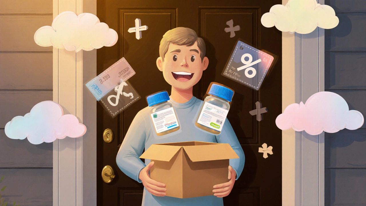 Happy person receiving a delivery box with generic medication and discount symbols.