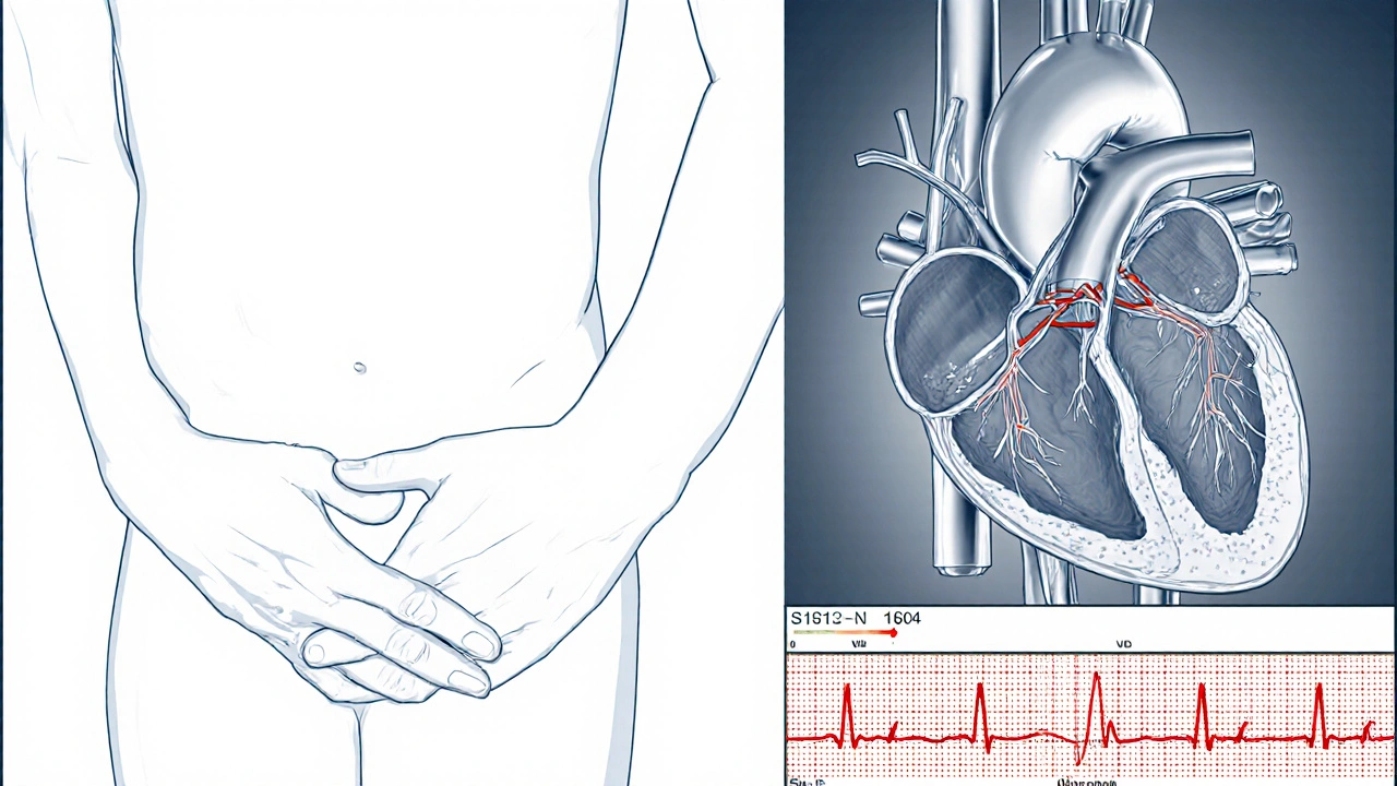 Illustration of Valsalva maneuver and catheter mapping inside heart with ECG trace.