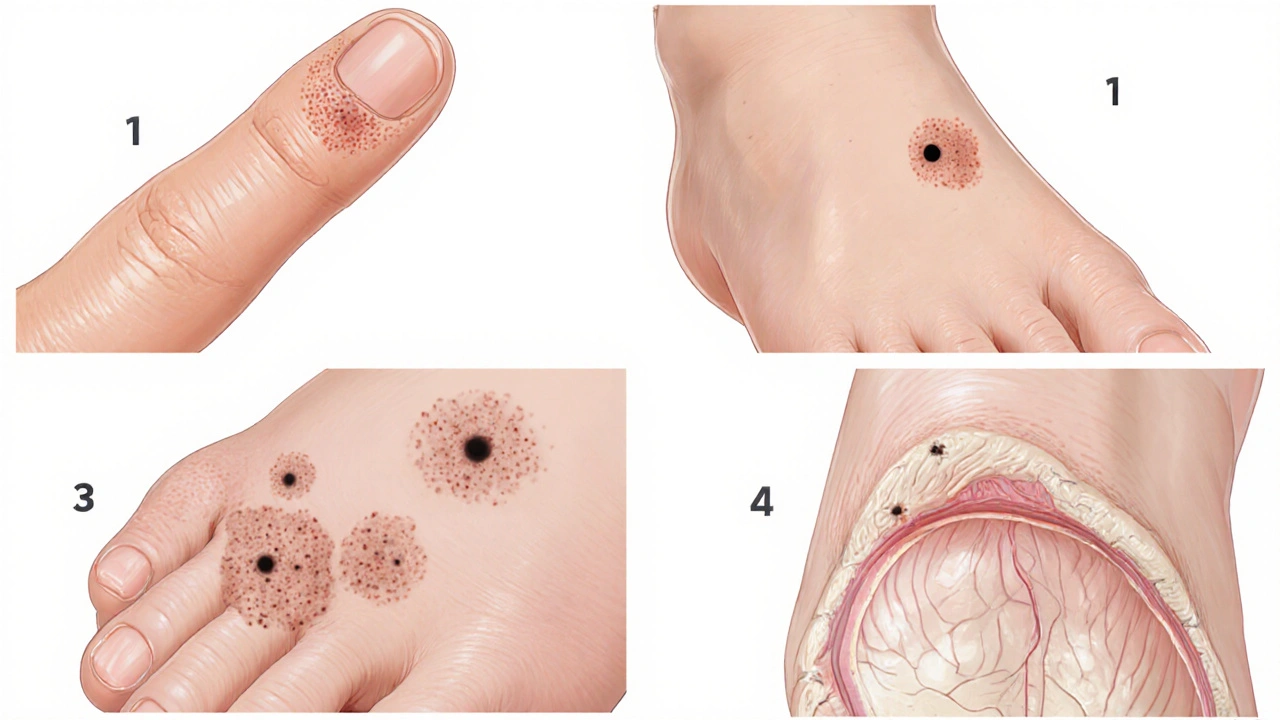 Illustration showing common, plantar, flat, and genital warts on different body parts.