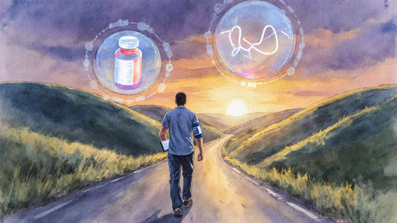 Man walking on a sunrise road holding a notebook and medication icons.