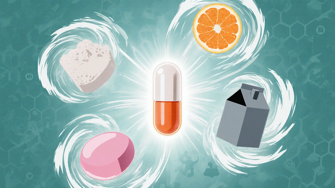 Minocycline capsule glowing at center, surrounded by silhouettes of warfarin, contraceptive, antacid, grapefruit, and dairy.