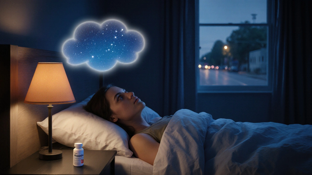 Nighttime bedroom with patient asleep, Prazosin tablet on bedside table, peaceful atmosphere.