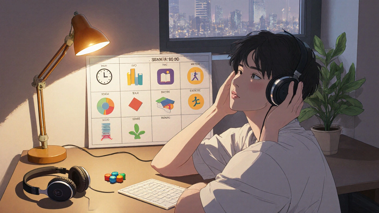 Organized desk with headphones, fidget toy, and colorful schedule icons in warm lighting.