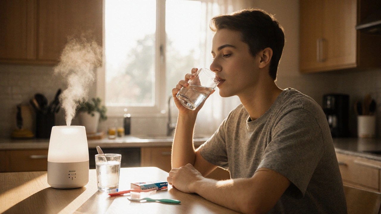 Patient sipping water, brushing teeth, chewing gum, humidifier nearby.