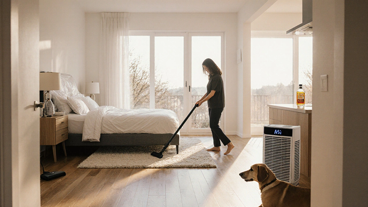 Person cleaning a bedroom with HEPA vacuum, dehumidifier, and air purifier near a brushed dog.