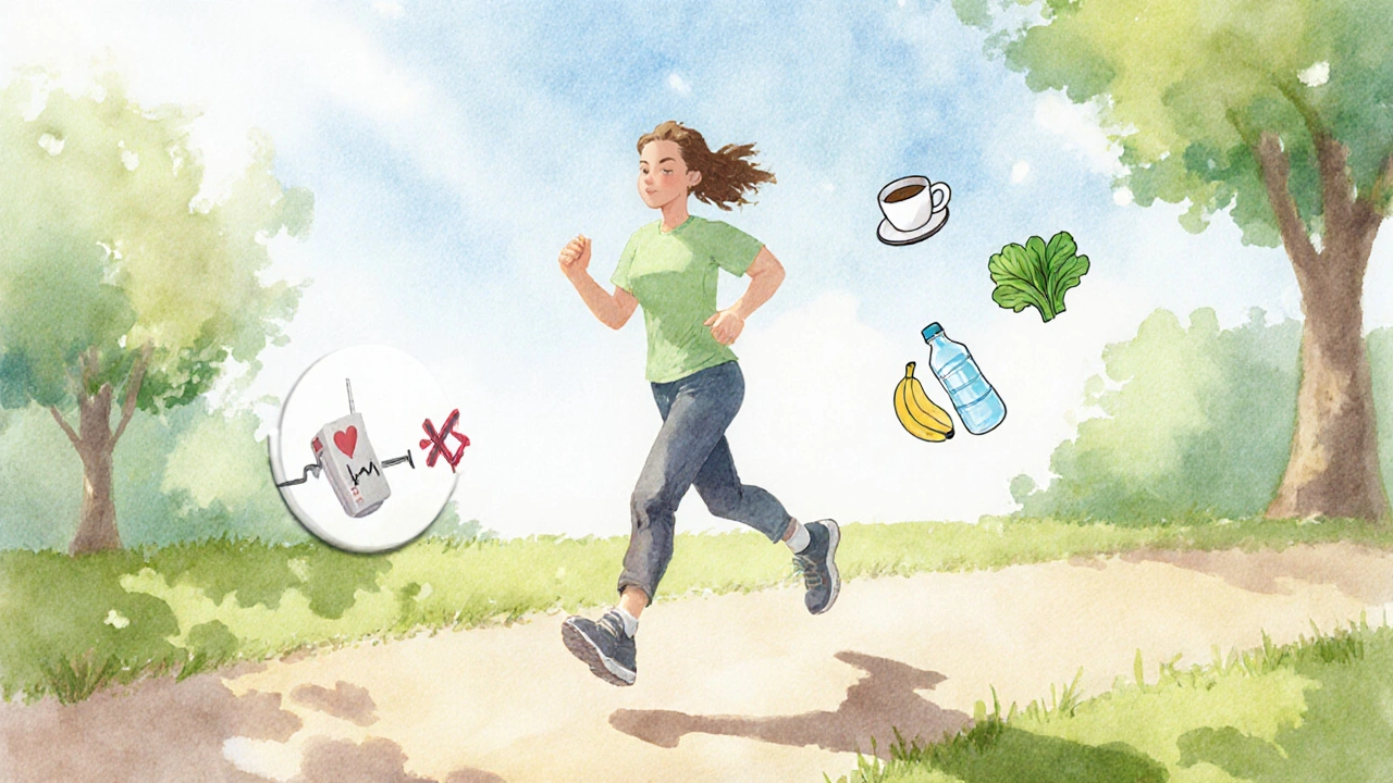 Person jogging in a park after ablation, with heart monitor and healthy lifestyle icons.
