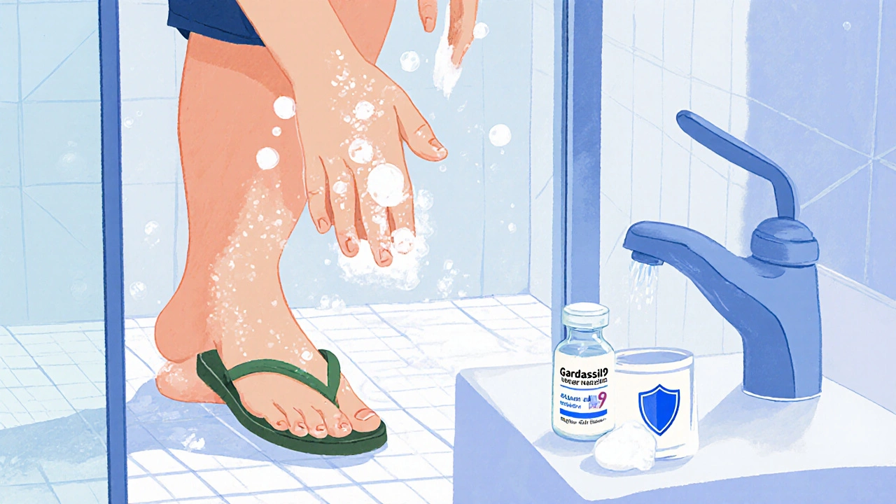 Person washing hands, wearing flip‑flops, with salicylic acid bottle and vaccine vial nearby.