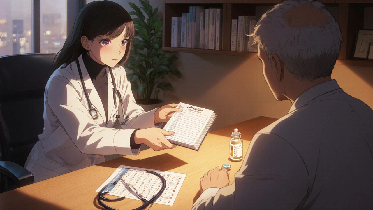 Pharmacist giving a medication diary to a patient in a warm clinic setting, with pills and lab items on the desk.