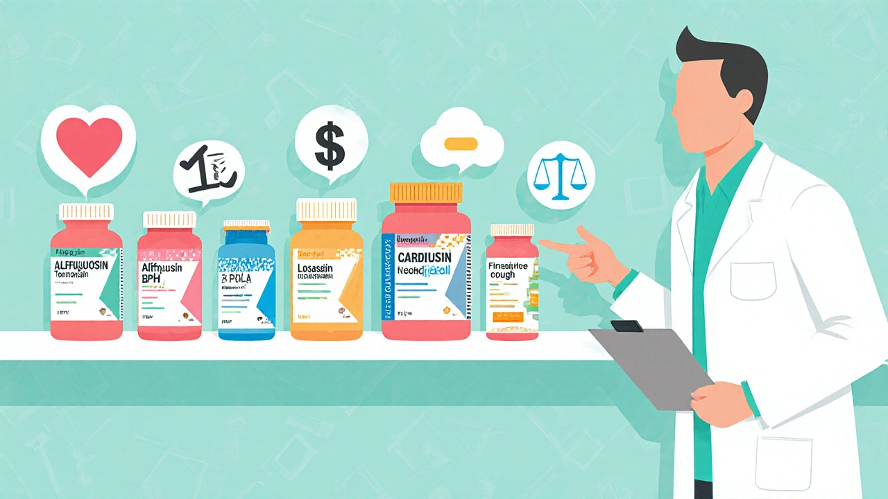 Pharmacy aisle with labeled pill bottles and icons for heart and bladder.