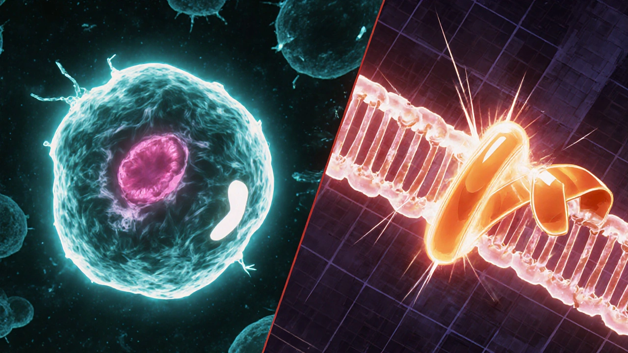 Scientific split illustration of erythromycin binding to a bacterial ribosome.