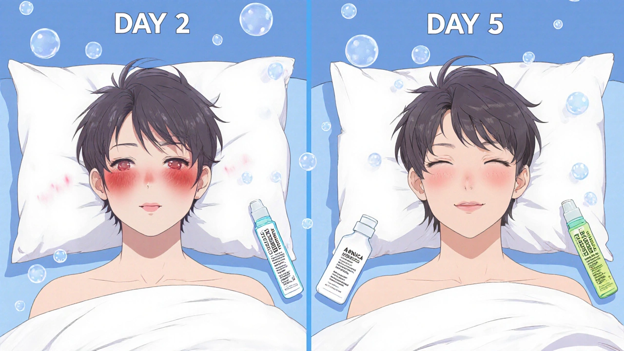 Side-by-side recovery comparison: swollen face on day 2 vs. calmer face on day 5 after surgery.