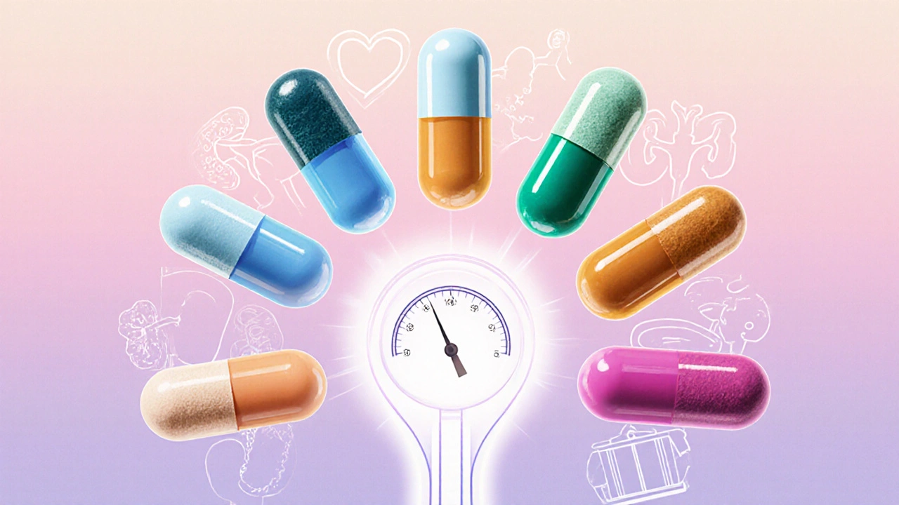 Six colorful pill capsules hover around a faint glucose meter with heart, kidney, and scale icons.