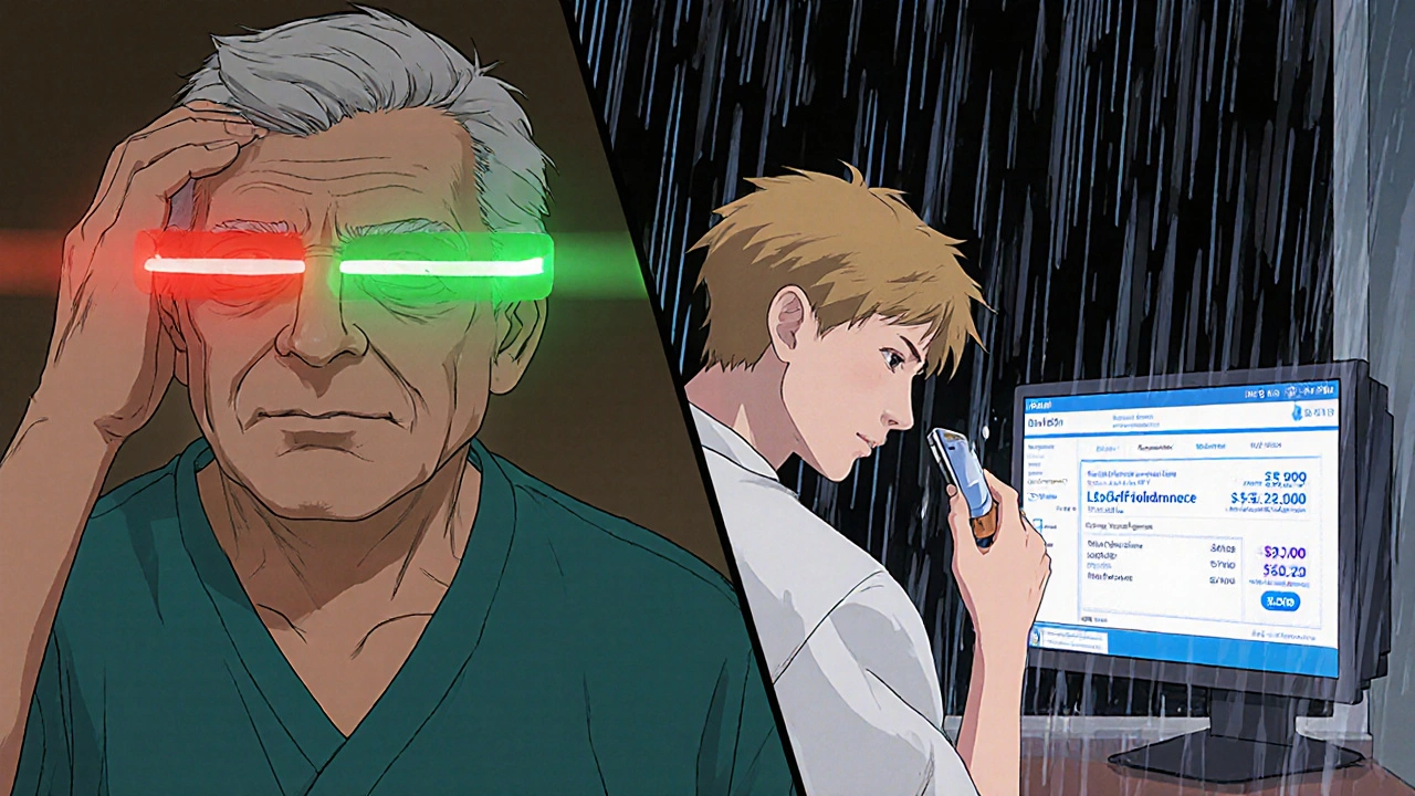 Split scene: patient with vision issues vs. patient taking alternative TB pill with cost display