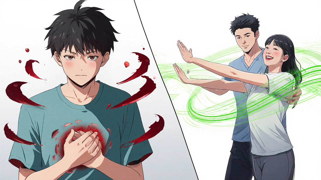 Split scene showing stomach pain from NSAIDs versus healing physical therapy stretch.