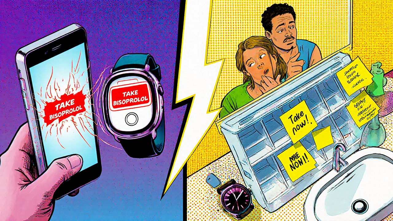 Split scene shows digital alerts on phone/watch and a pill organizer with sticky notes.