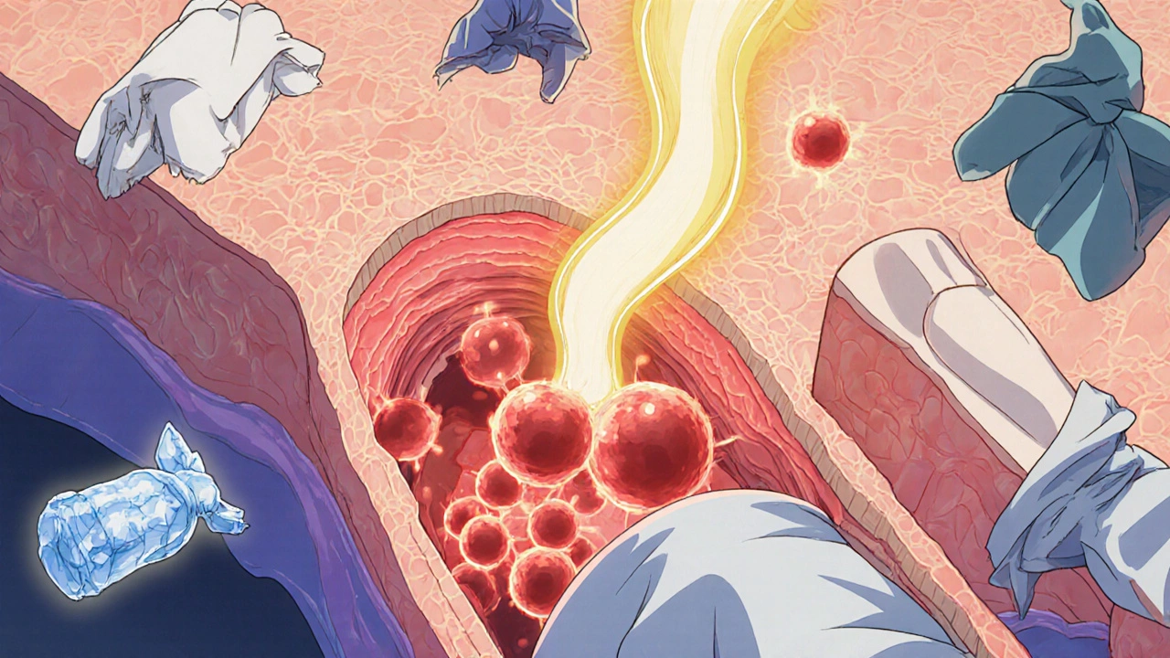 Stylized internal view of inflamed tissue calming under hydrocortisone, with compression and elevation symbols around it.