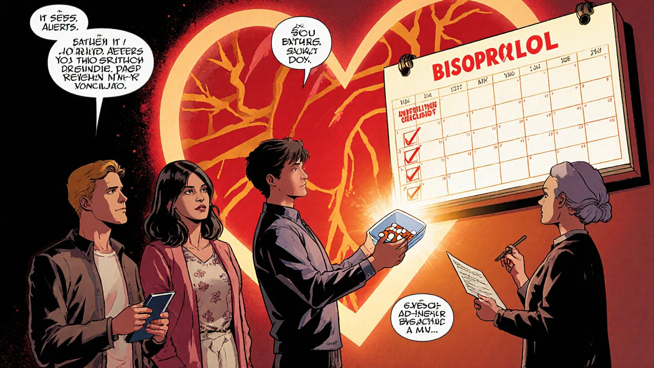 Supportive group checks refill calendar while protagonist holds a filled pill box.