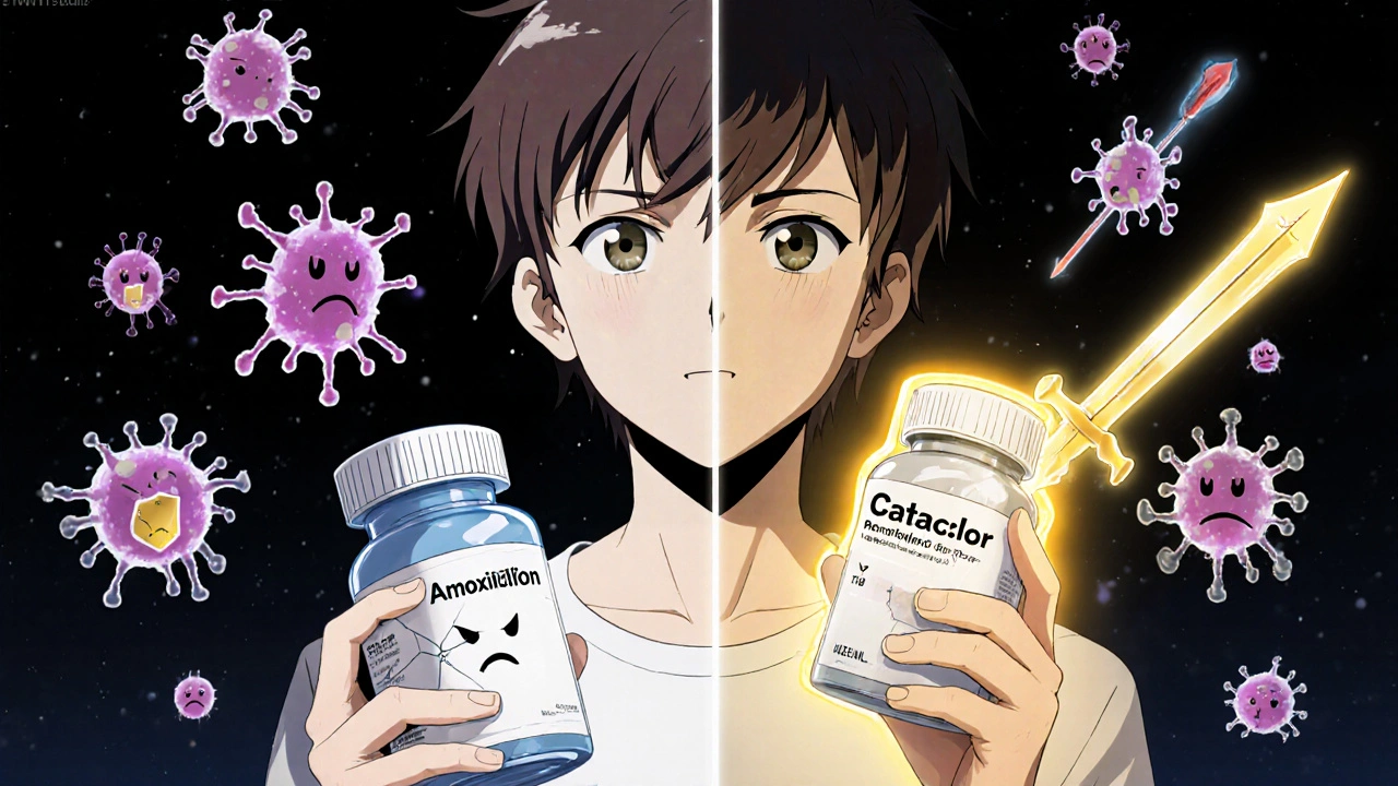 Teenager comparing amoxicillin and Cefaclor bottles with cartoon bacteria being defeated by Cefaclor's glowing molecules.