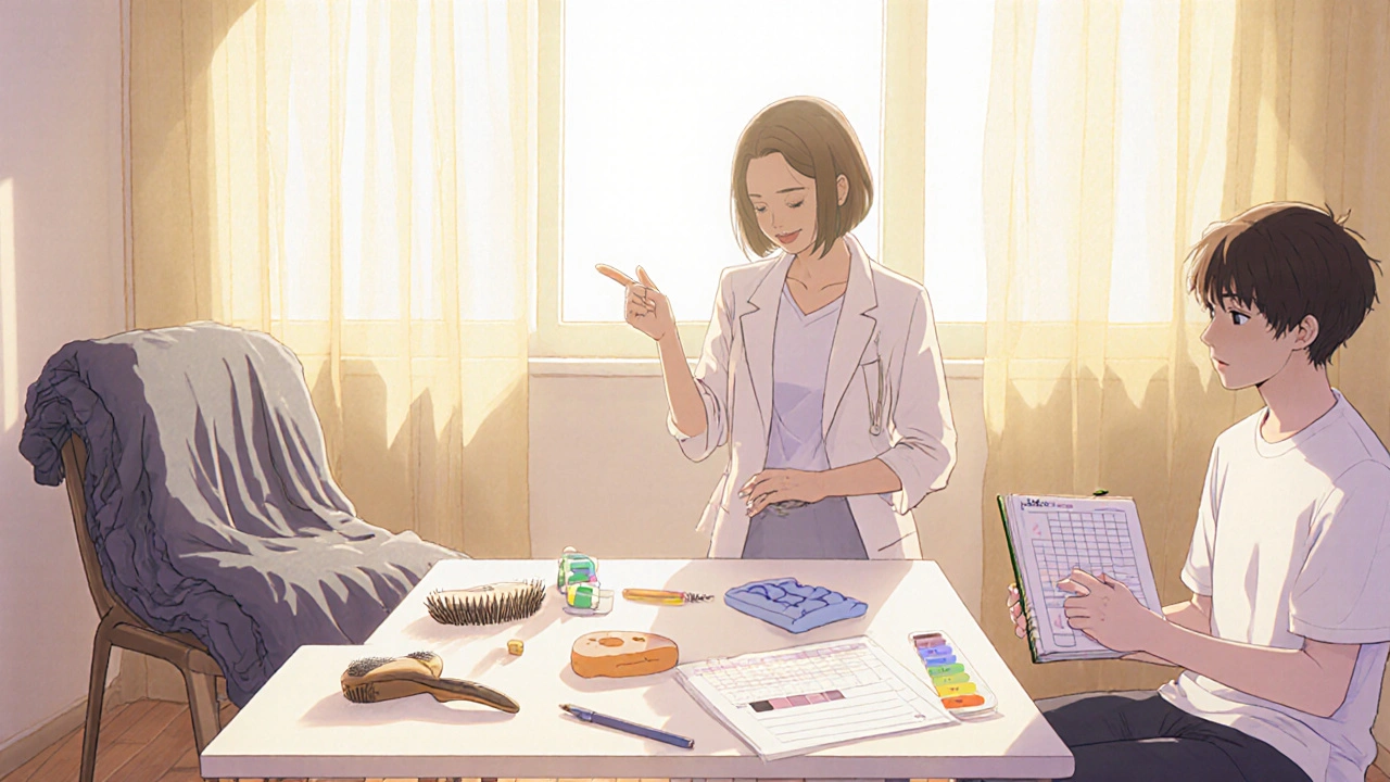 Therapist and client review sensory tools and a journal in a sunlit therapy room.