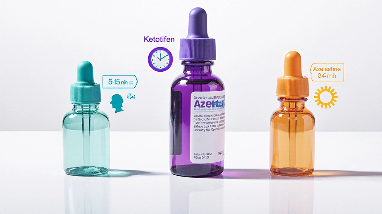 Three different eye‑drop bottles displayed side by side with icons showing onset, duration, and price.