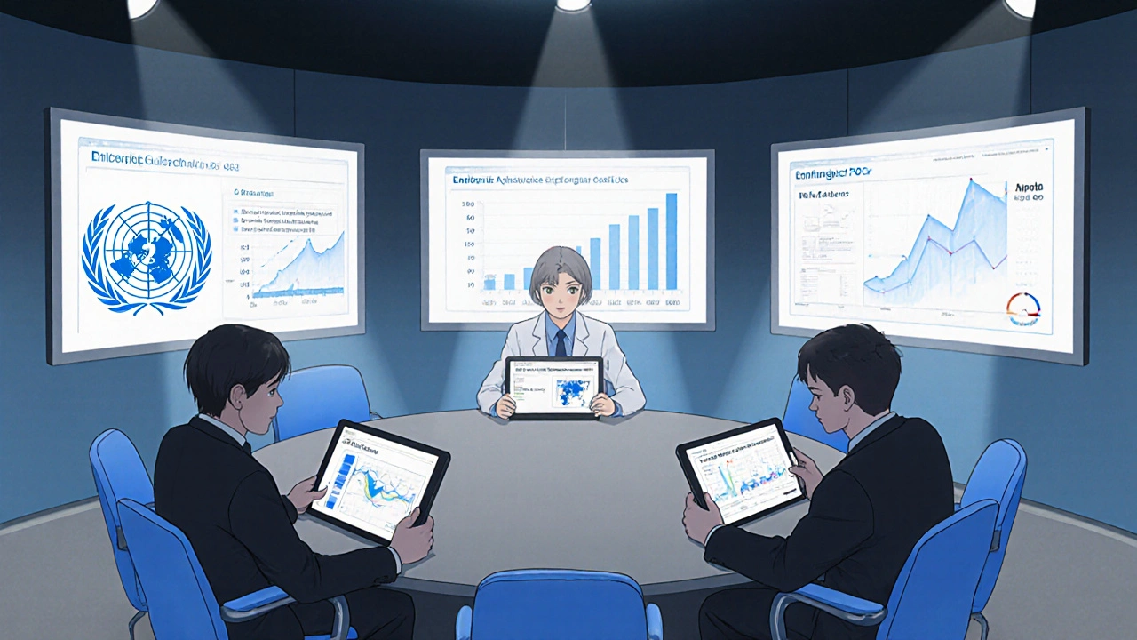 Three health officials at a table each holding different HIV treatment tablets.