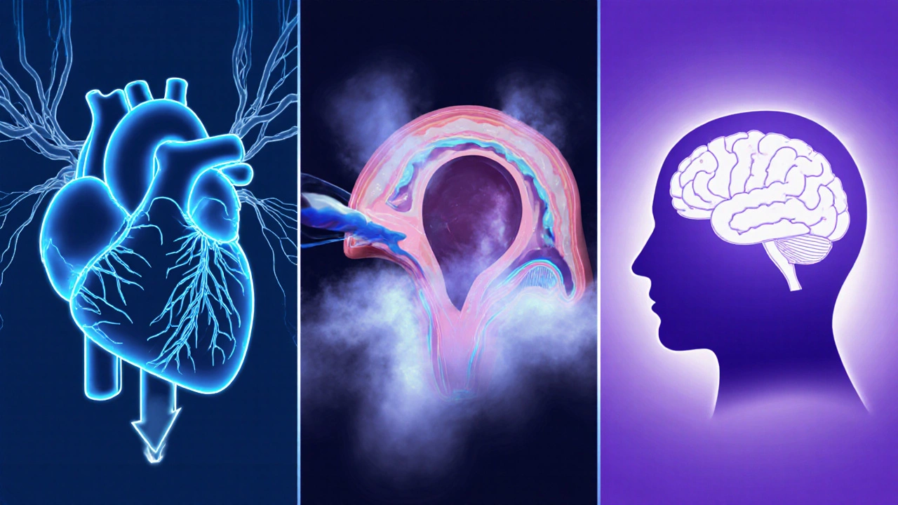 Three panels showing heart with low pressure, inner ear fluid swirl, and brain with haze.