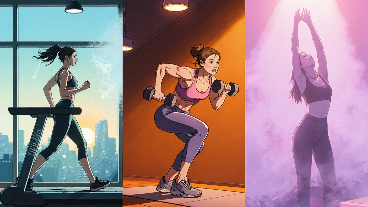 Three women performing cardio, strength training, and yoga in a modern gym.