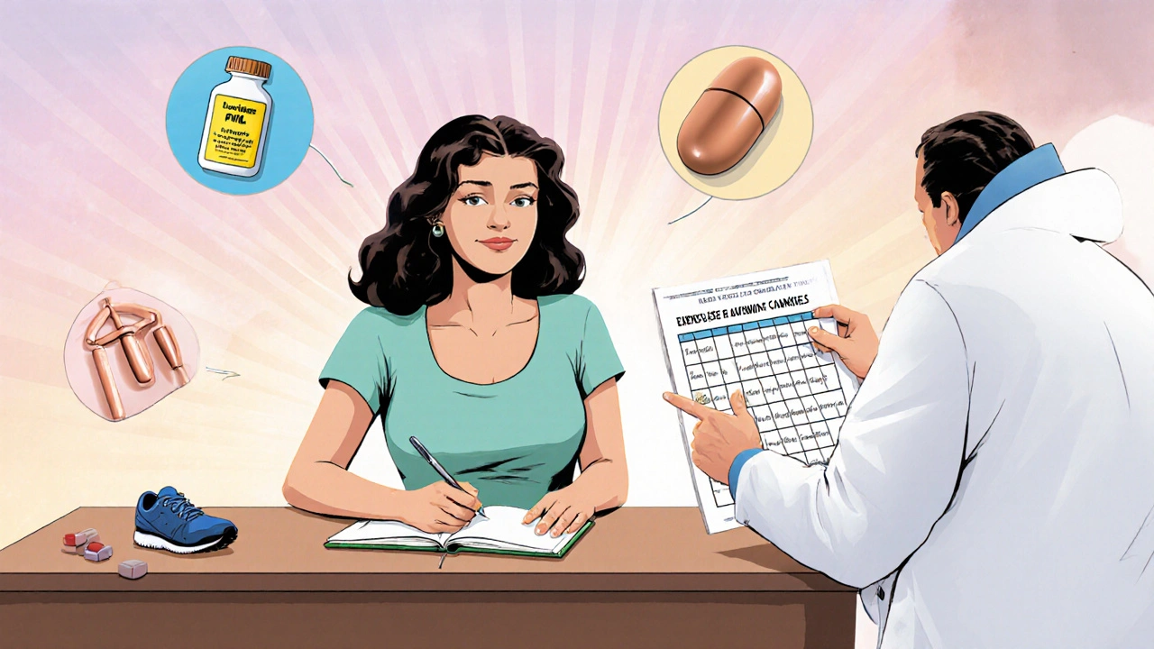 Woman journaling mood while doctor points to low‑dose pill, IUD, and exercise icons.