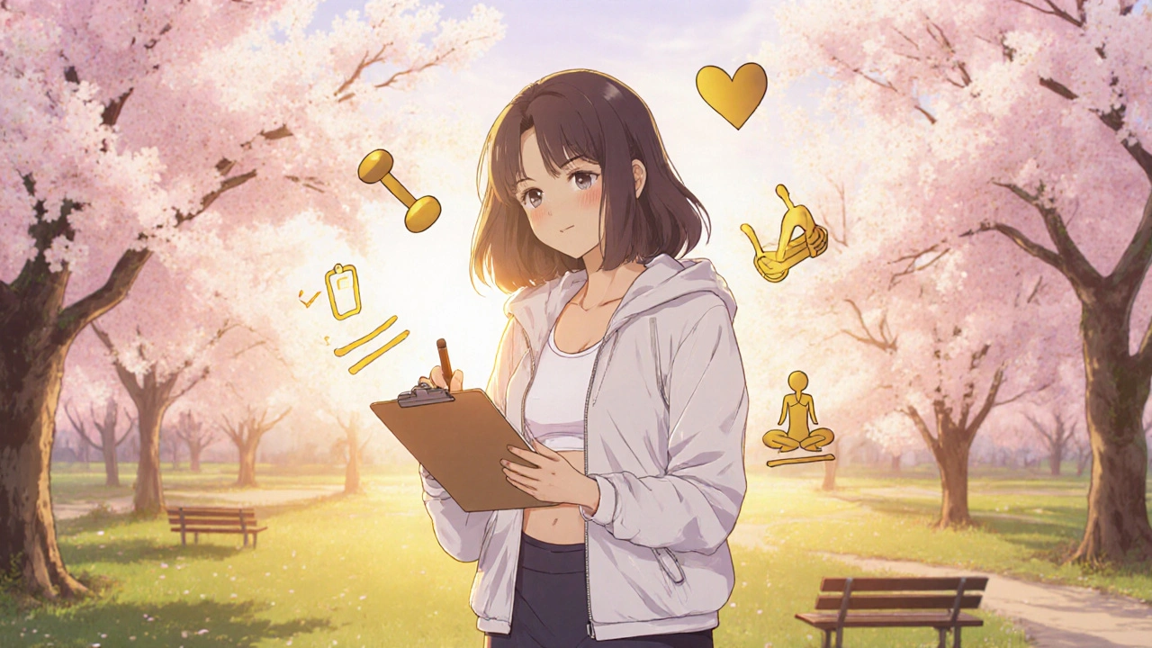 Woman reviewing a fitness checklist in a sunrise park setting.