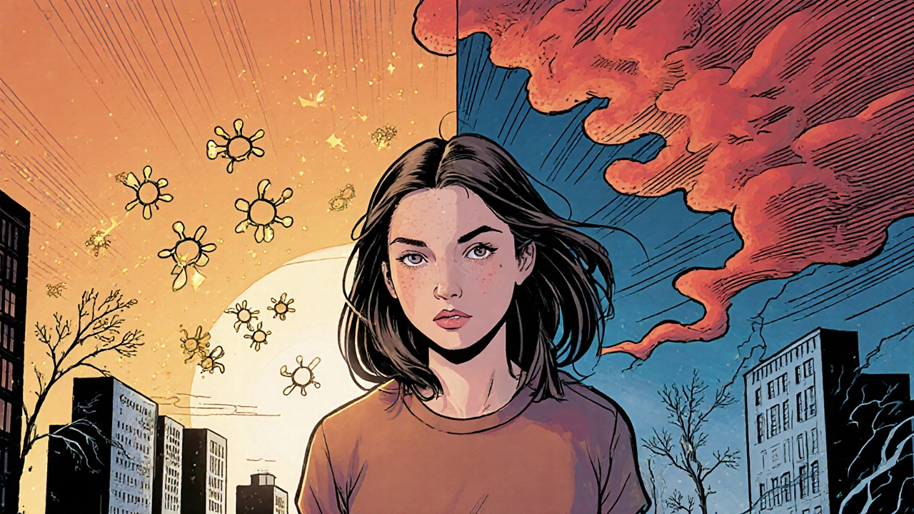 Young woman amid city‑brain scene showing serotonin fireflies and cortisol storm clouds.