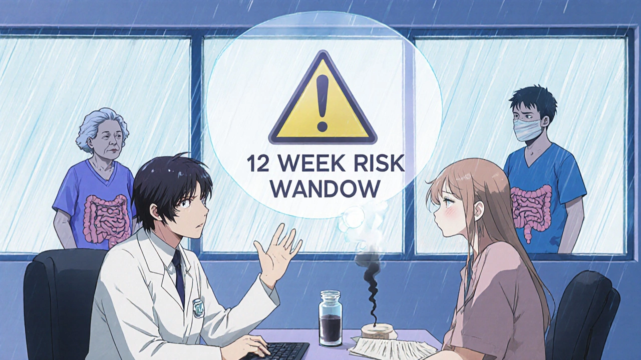 A doctor and patient in a clinic with a giant warning sign about the 12-week C. difficile risk window.