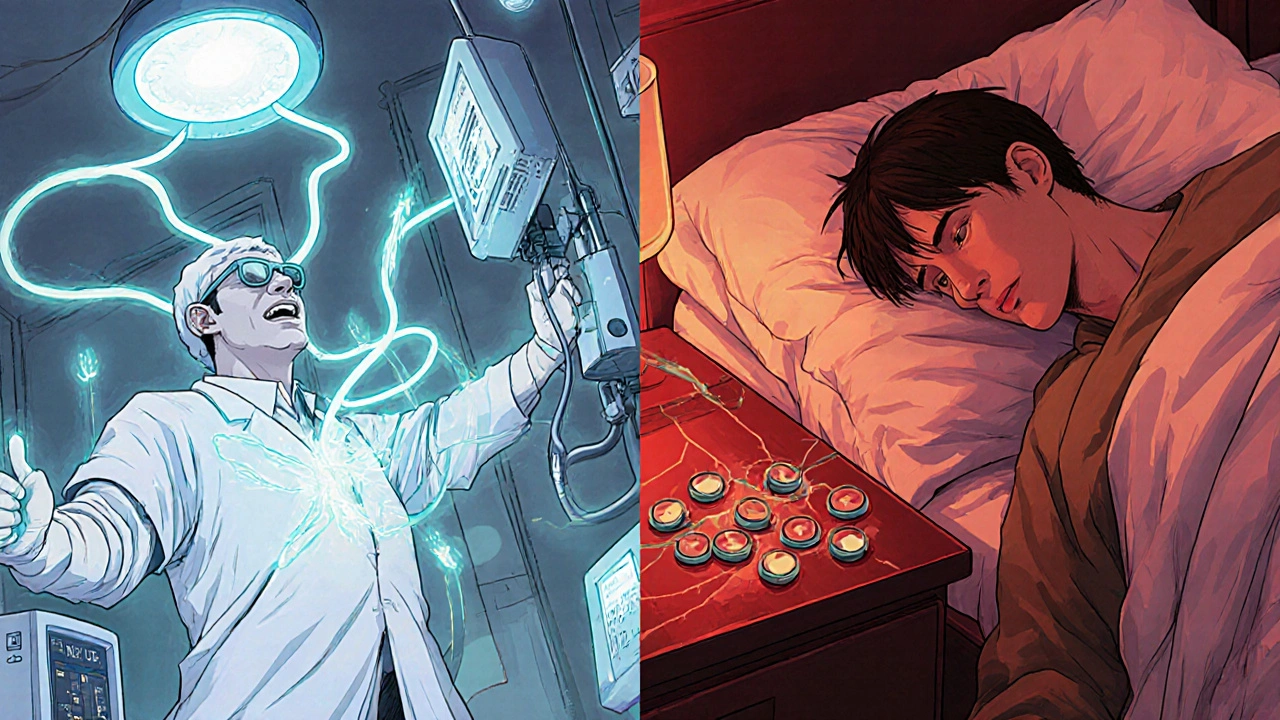 A doctor performing plasma exchange on one side, while another patient&#039;s blood vessels crack under pressure from medication on the other side.