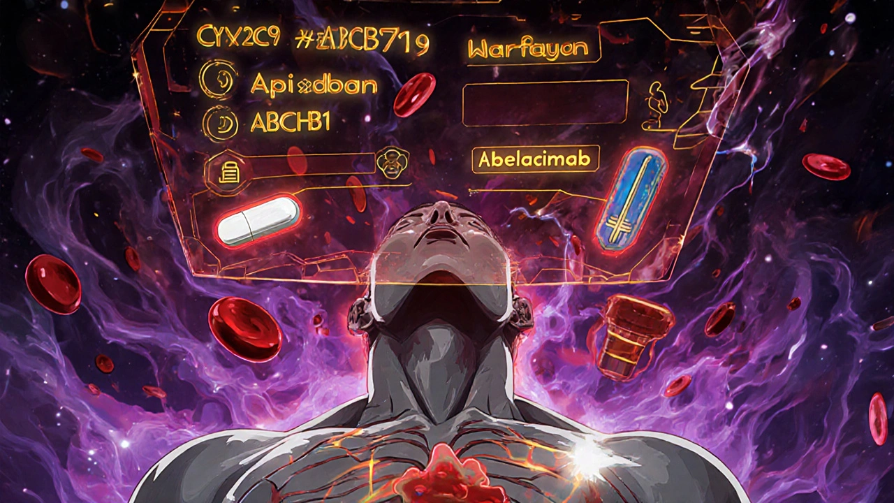 A futuristic medical interface displaying genetic codes and anticoagulant options above a patient&#039;s chest.