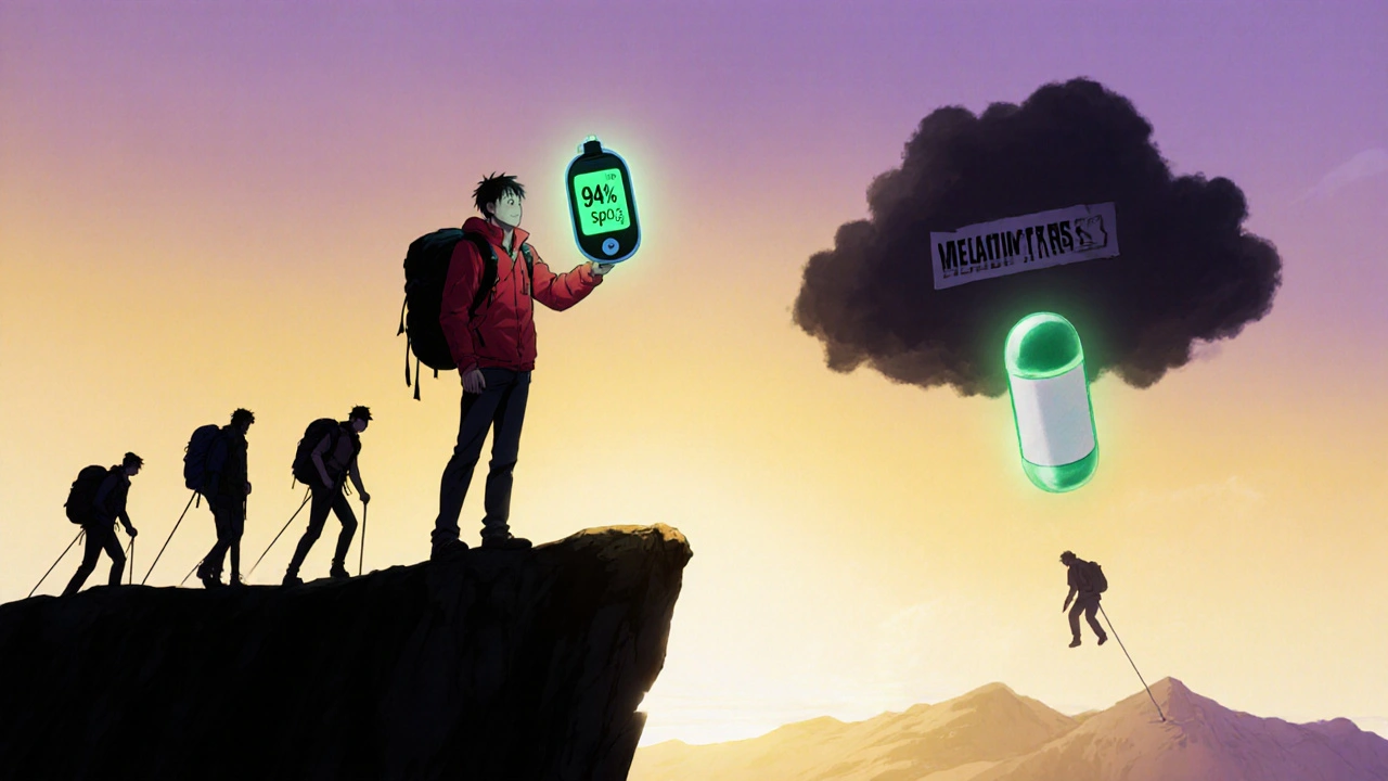 A guide holding a green pulse oximeter with a melatonin capsule floating nearby, hikers descending safely as a dark risk cloud looms behind.