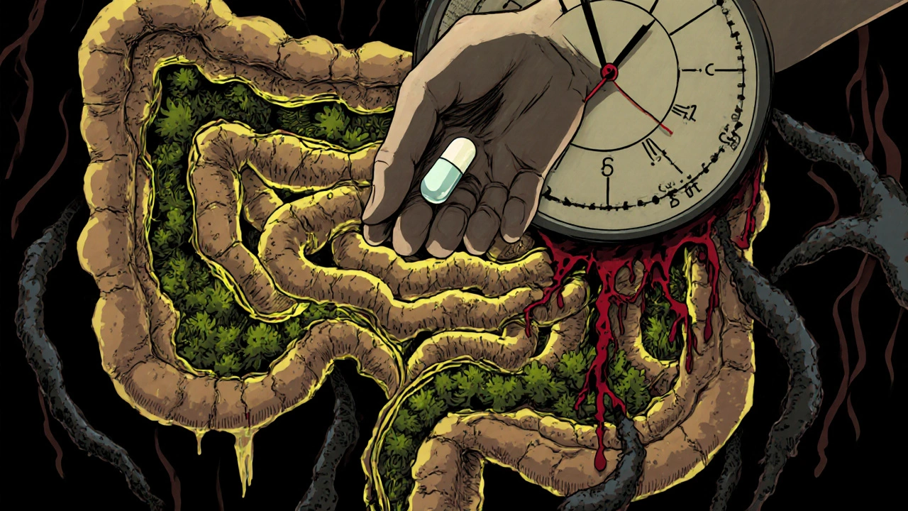 A hand holding a pill above a crumbling gut ecosystem, with a melting clock symbolizing delayed symptoms.